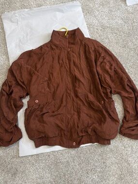 Retro 90s Women's Brown Zip-Up Silk Jacket - Lightweight ruched bomber coat